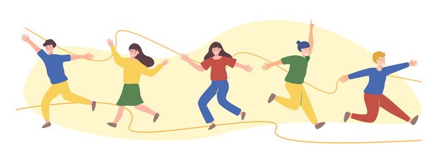Collection of young people performance dance. Jumping people. Crowd happy smiling people. Woman and man are enjoying. Vector illustration.