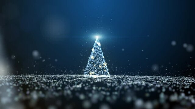 Glow blue particles glittering Christmas tree lights motion graphic and fireworks background.
