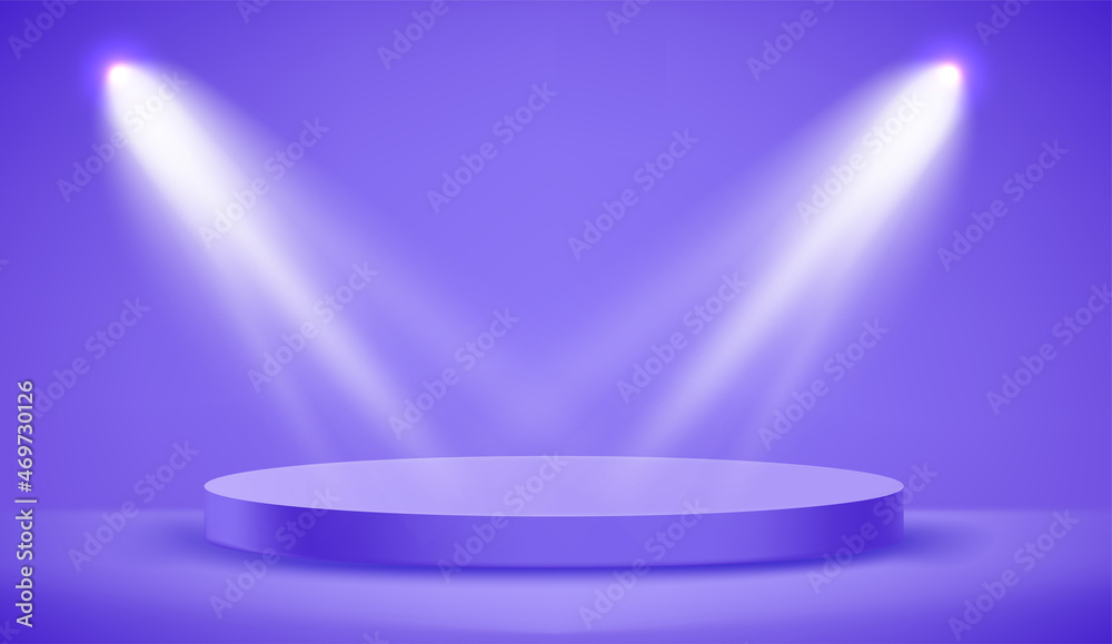 Poster Empty violet illuminated room with circle platform and soffits. Realistic 3d style vector illustration