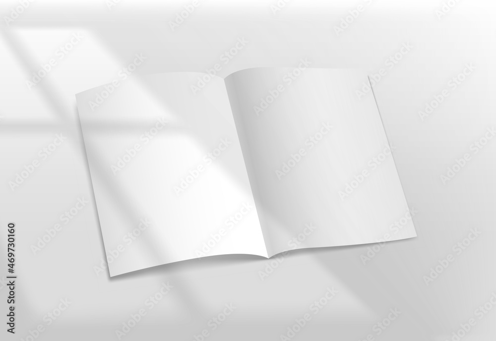 Poster white opened book on a table with sun light from the window. realistic vector mockup with sun flare 