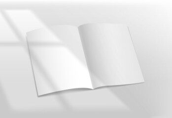 White opened book on a table with sun light from the window. Realistic vector mockup with sun flare effect