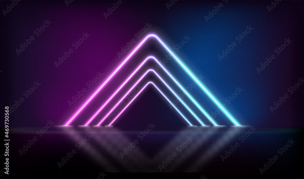 Poster triangle neon glowing gate on dark background. template for design