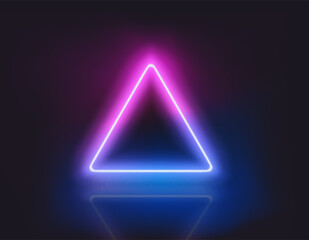 Triangle neon glowing frame on dark background. Trendy color vivid gradient. Template for design