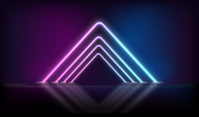 Fototapeta na wymiar Triangle neon glowing gate on dark background. Template for design