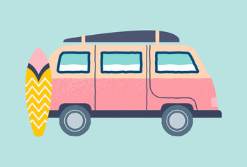 Pink van on wheels. Travel home, camper transport. Adventure, vacation, outdoor recreation. Ecology, unusual way of life. Card for website design, decoration. Cartoon flat vector illustration