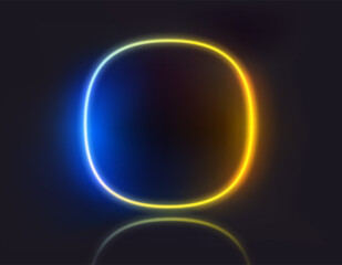 Superellipse shape yellow and blue neon glowing frame on dark background. Template for design