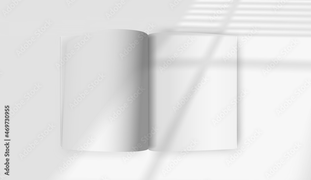 Poster white opened book mockup with sun flare effect. light of the window with blinds