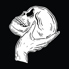 skull in the palm of the hand with  hand drawing, black and white can be used for t-shirt designs, tattoos, for the web like  background or cover
