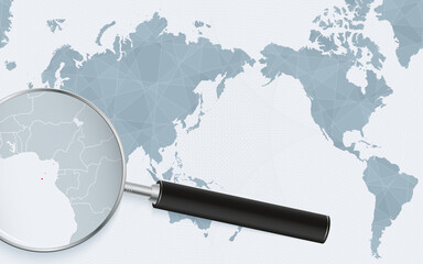 Fototapeta premium Asia centered world map with magnified glass on Sao Tome and Principe. Focus on map of Sao Tome and Principe on Pacific-centric World Map.