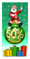 Santa claus Christmas tag announcing discount, 50% off and sale advertisment, customer shop