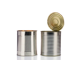 Silver metal food cans with open lids isolated on a white background