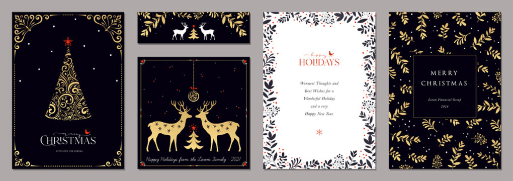 Luxury Corporate Holiday cards with ornate Christmas tree, Christmas ornament, reindeers, bird, decorative floral frames, background and copy space. Universal artistic templates.