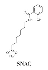 Sodium salcaprozate (SNAC, sodium N-[8-(2-hydroxybenzoyl)amino] caprylate) oral absorption promoter. Used to increase the bioavailability of macromolecules. Skeletal formula.