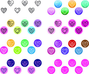 sets of vector graphic hearts in different colours for icons, decor