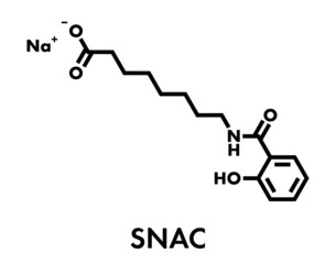 Sodium salcaprozate (SNAC, sodium N-[8-(2-hydroxybenzoyl)amino] caprylate) oral absorption promoter. Used to increase the bioavailability of macromolecules. Skeletal formula