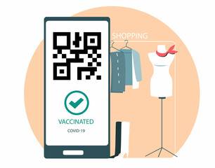 QR code about vaccination in the phone for shopping at the mall. Antiviral measures.