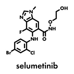 Selumetinib cancer drug molecule (MEK1 and MEK2 inhibitor). Skeletal formula.