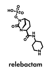 Relebactam drug molecule. Beta-lactamase inhibitor that is adminstered with beta-lactam antibiotics. Skeletal formula.