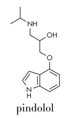 Pindolol beta blocker drug molecule. Skeletal formula.