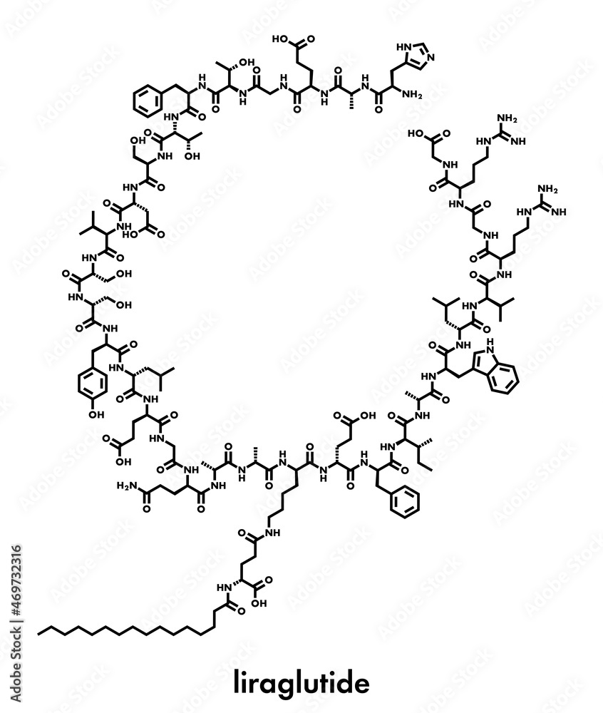 Sticker liraglutide diabetes and obesity drug molecule. skeletal formula.