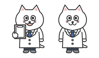 Set of white cat doctor wearing laboratory coat. Vector illustration isolated on white background.