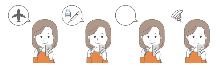 Young lady booking a flight, a doctor’s appointment, etc. Vector illustration isolated on white background.