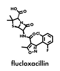 Flucloxacillin (floxacillin) antibiotic drug molecule. Skeletal formula.
