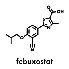 Febuxostat gout drug molecule (xanthine oxidase inhibitor). Skeletal formula.