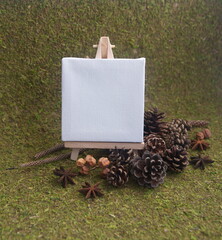 Forestal background, mock up with empty easel, conifer cones, star anise, araucaria branches and melia berries