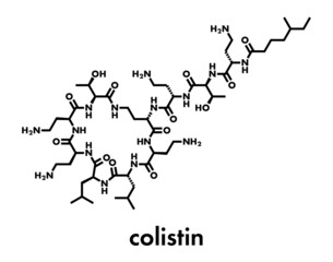 Colistin antibiotic drug molecule. Skeletal formula.