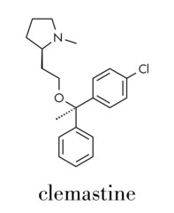 Clemastine (meclastine) antihistamine drug molecule. Used to treat allergy and itching. Skeletal formula.