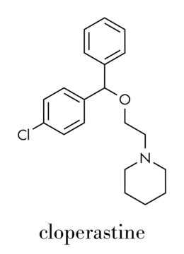 Cloperastine cough suppressant drug molecule. Skeletal formula.