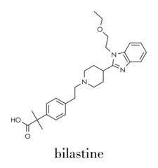 Bilastine antihistamine drug molecule. Skeletal formula.
