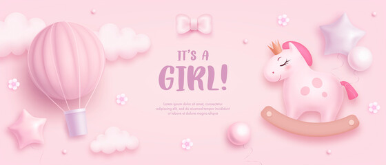Baby shower horizontal banner with cartoon horse, hot air balloon, helium balloons and flowers on pink background. It's a girl. Vector illustration
