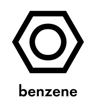 Benzene aromatic hydrocarbon molecule. Important in petrochemistry, component of gasoline. Skeletal formula.