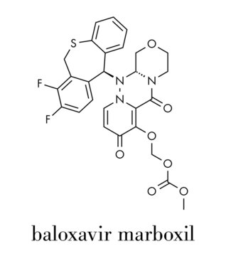 Baloxavir marboxil influenza drug molecule (cap-dependent endonuclease inhibitor). Skeletal formula.