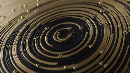 Curly golden and black abstract in circle lines together with particles on blurred bokeh background
