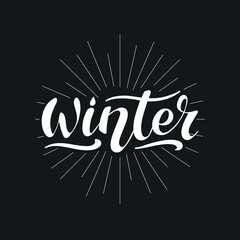 Winter, vector hand lettering. White letters in a circle of lines on the black background. Celebration card. Typography for winter holidays. Vector illustration, style calligraphy