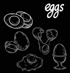 Eggs, health food, chalk vector isolated illustration on dark background. Concept for menu, cards, logo
