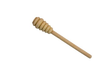 Top view wooden honey dipper isolated on white background.