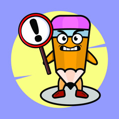 A cartoon mascot illustration pencil with exclamation sign board vector image cute style design for t shirt, sticker, logo element for t-shirt, sticker, logo element