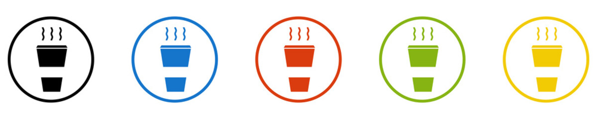 Bunter Banner mit 5 farbigen Icons: Coffee to go, Heißgetränk, Tee, oder Becher mit heißem Getränk
