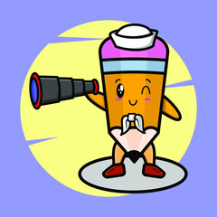 Pencil sailor mascot cartoon with hat and using binocular cute style design for t-shirt, sticker, logo element