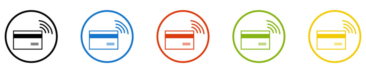 Bunter Banner mit 5 farbigen Icons: Kreditkarte, kontaklose Zahlung oder Bezahlen an der Kasse ohne Bargeld