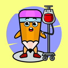 Cartoon illustration of pencil having blood transfusion with cute style design for t-shirt, sticker, logo element