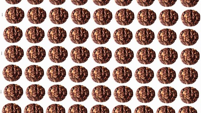 Animated horizontal Christmas chocolate chip cookies pattern on white background. seamless pattern. High quality 4k Christmas sweets footage.