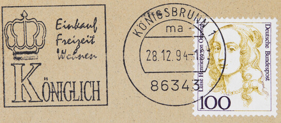 briefmarke stamp alt old vintage retro gebraucht used frankiert stempel cancel braun königsbrunn einkauf frau kopf head 100 luise henriette von oranien 1994 krone crown
