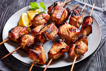 Juicy grilled pork kebabs on a plate