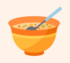 Soup in plate. Icons for sections in restaurant or cafe. Food that can be reheated quickly. Vegetarian, benefits, healthy lifestyle, vitamins, vegetables, badge. Cartoon flat vector illustration