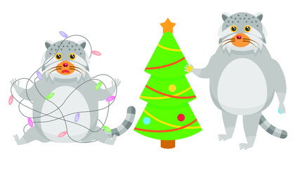 Set Abstract Collection Flat Cartoon 
Different Animal Manuls Cats Decorates The Christmas Tree, Tangled In A Garland Vector Design Style Elements Fauna Wildlife